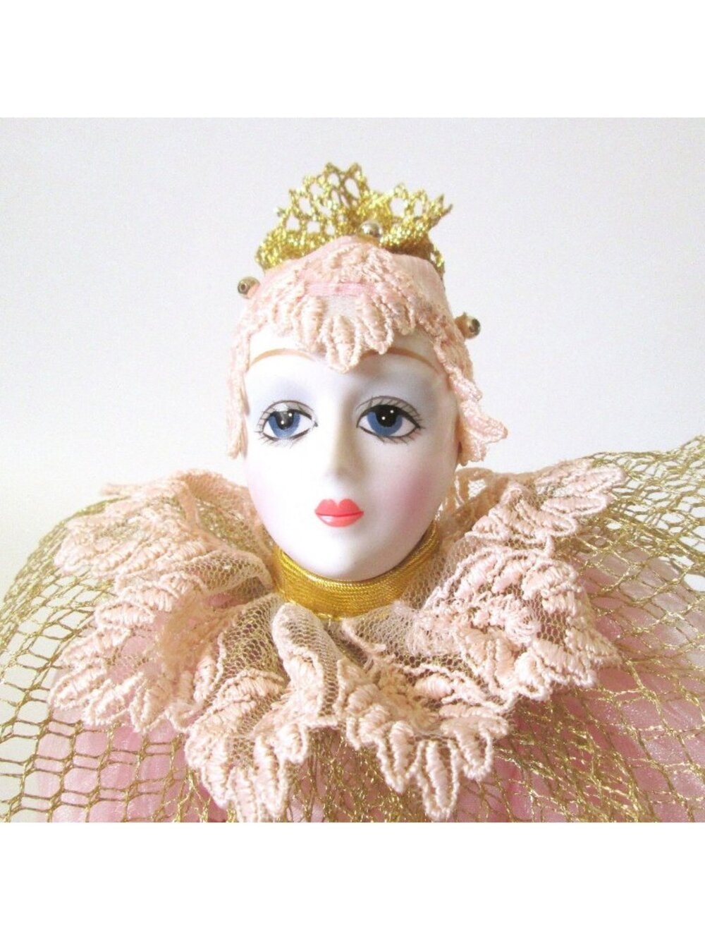 Harlequin Porcelain Doll Possibly Kingstate Pink & Gold 13" Tall -Small Flaws-